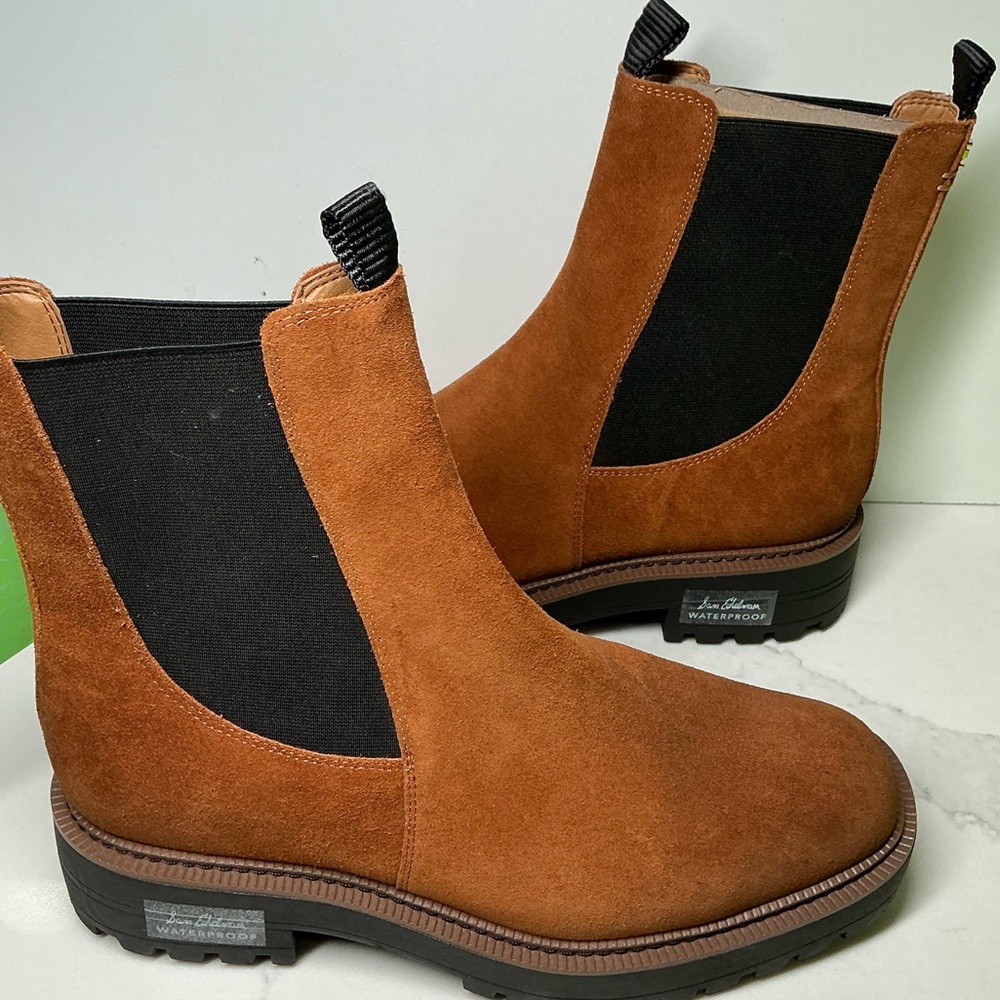 Sam Edelman Suede Lace-Up Chelsea Boots in Cognac Brown and Black
